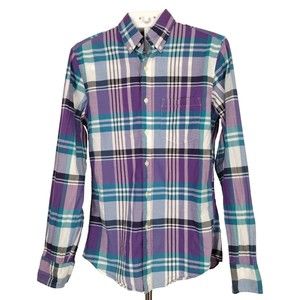 J.Crew Summer Plaid Shirt Mens Size S Purple Blue Long Sleeve Button Up